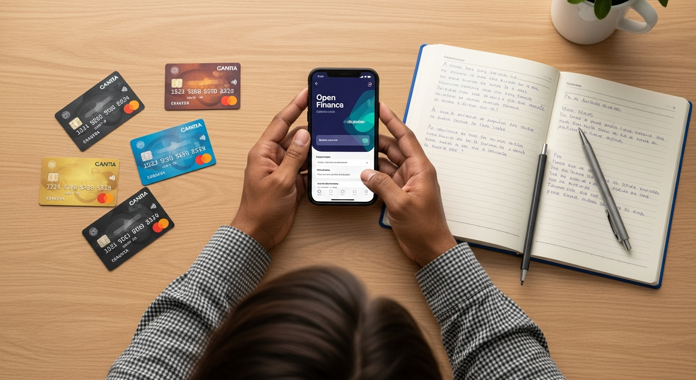 Mãos segurando celular com app bancário ao lado de cartões de crédito de diferentes bancos
