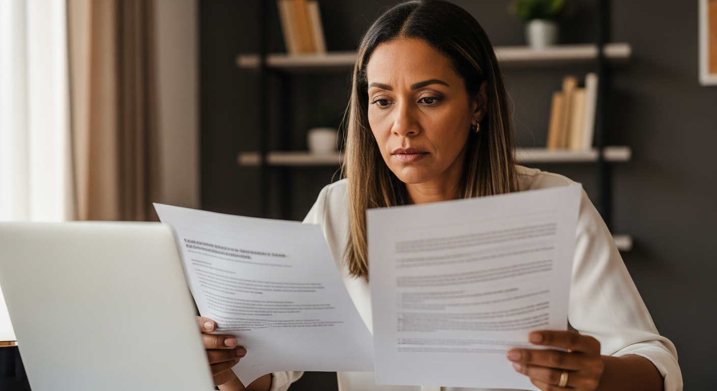 Mulher brasileira revisando documentos financeiros antes de ativar o open finance