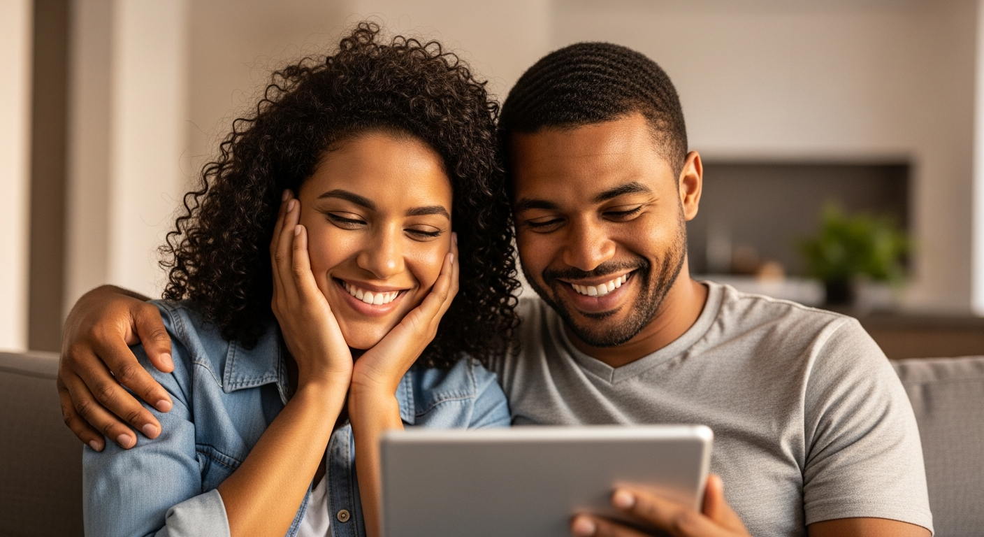 Casal brasileiro sorrindo ao analisar opções de crédito pelo tablet após entender o open finance