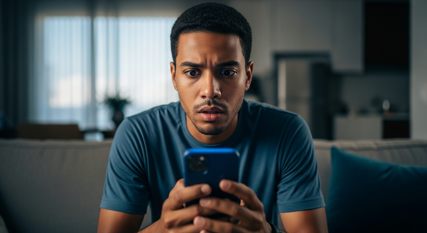 Homem brasileiro olhando celular com expressão de choque após ativar open finance e ter limite reduzido