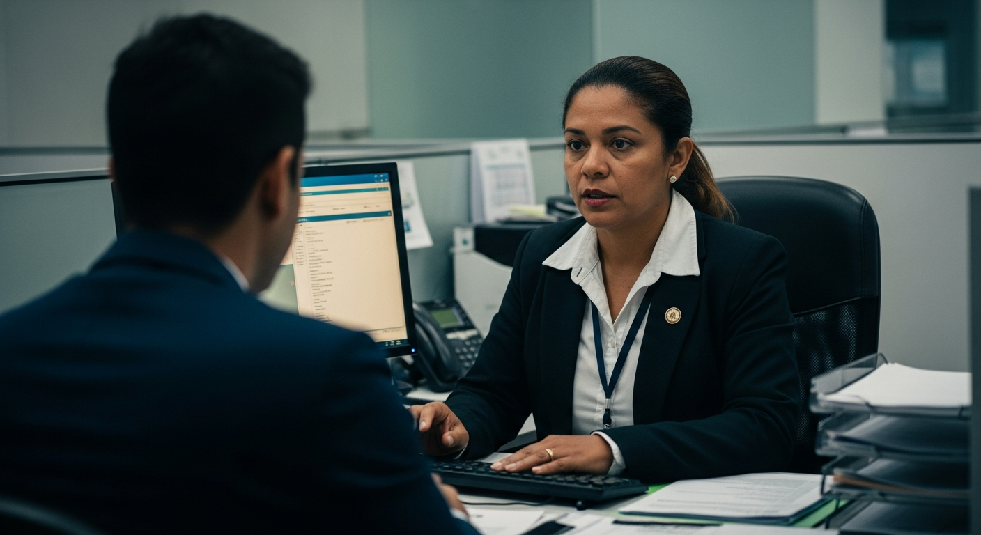 Gerente bancária brasileira em atendimento discutindo análise de crédito em agência contemporânea