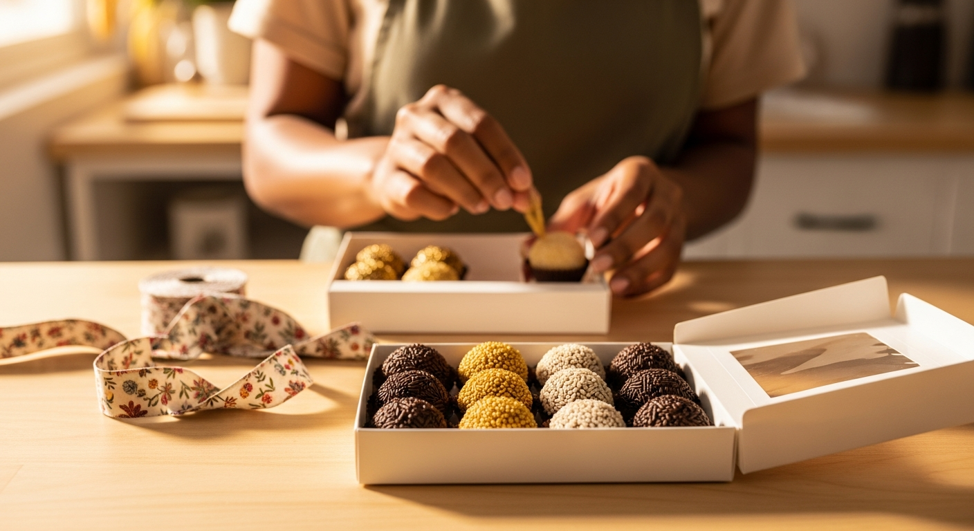 Caixas de brigadeiro gourmet artesanal com embalagem caprichada, produto para revender com lucro