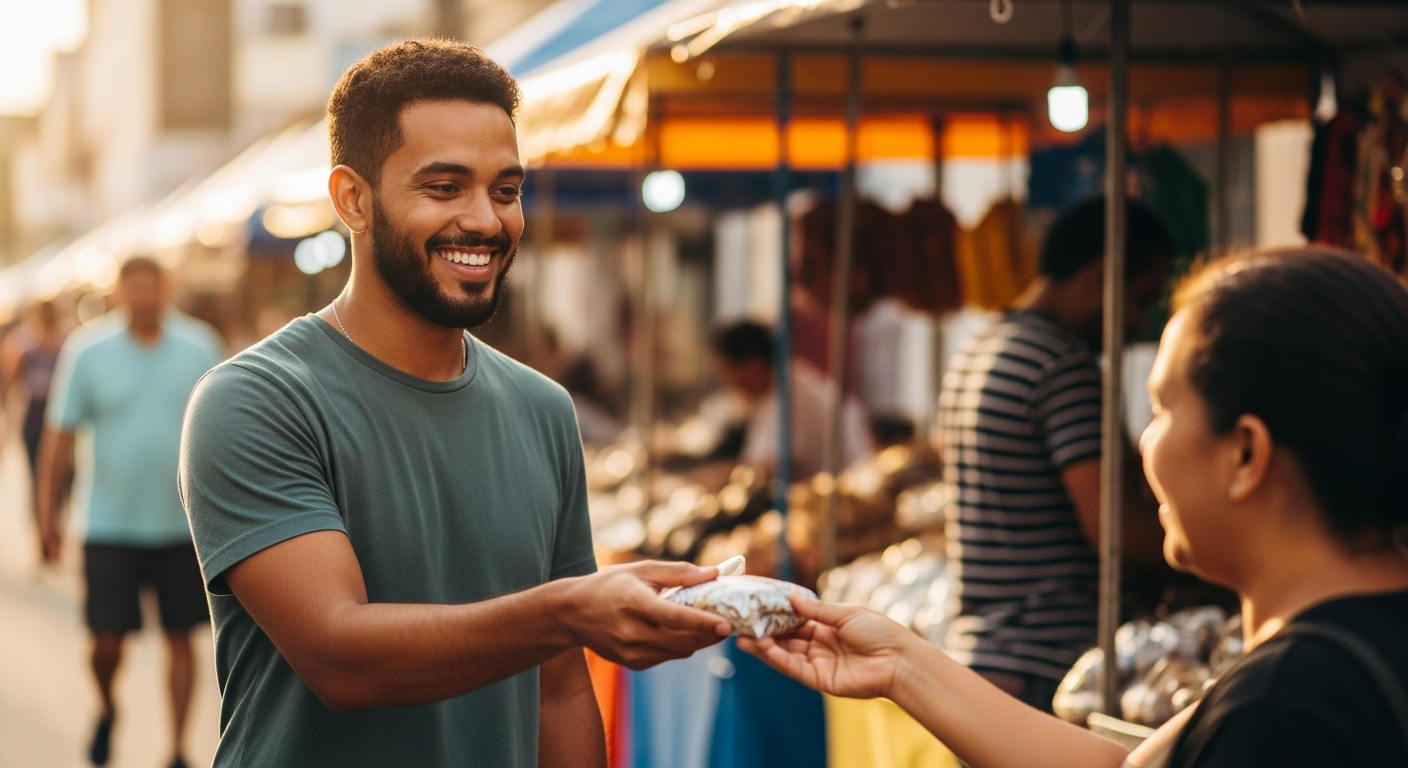 Vendedor em feira livre brasileira entregando produto a cliente, exemplo de revenda direta