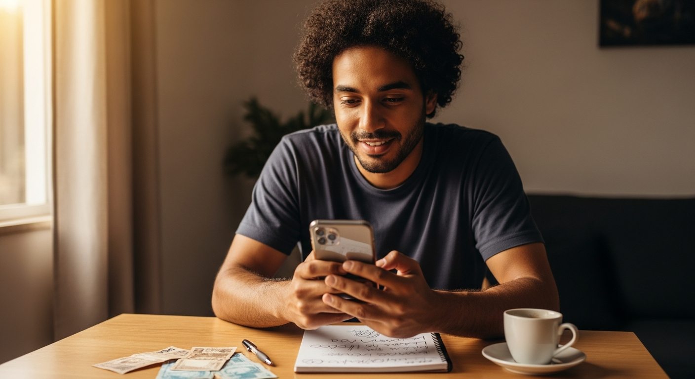 Jovem empreendedor brasileiro planejando renda extra com celular e anotações financeiras