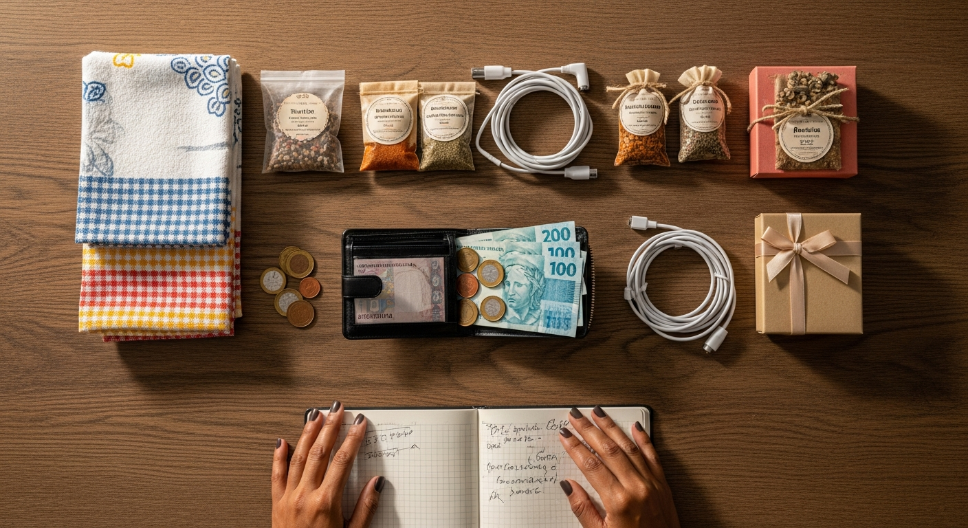 Produtos para revender com lucro dispostos em mesa rústica com dinheiro e caderno de anotações