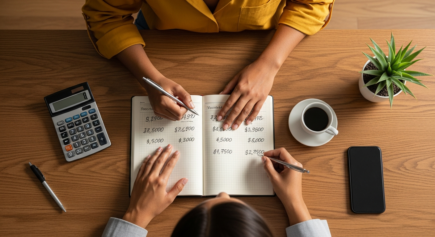 Mãos de empreendedora anotando contas em caderno sobre mesa com calculadora, representando controle financeiro de MEI