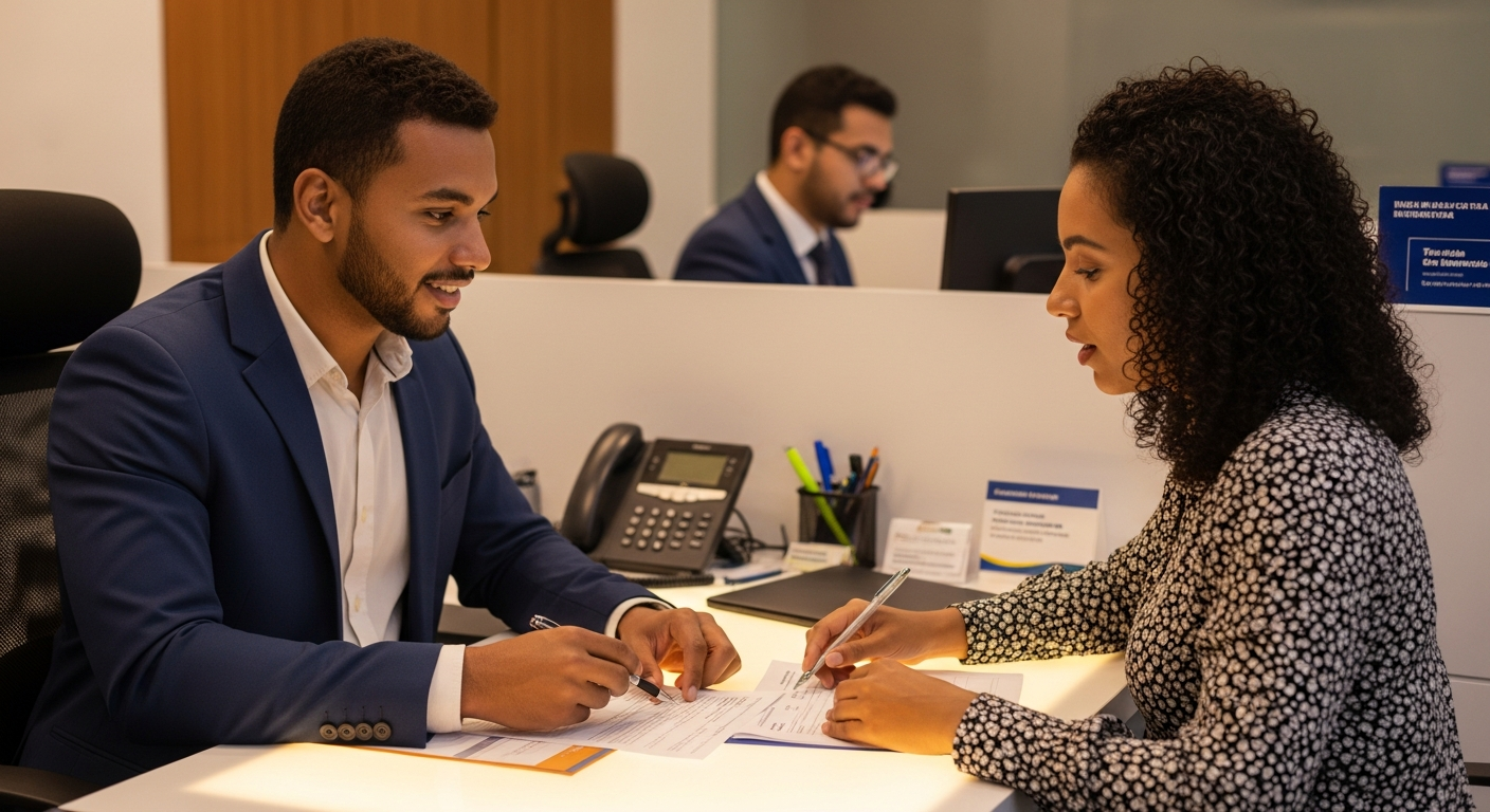 Gerente bancário e empreendedora analisando documentos de crédito em agência bancária, representando condições do ProCred 360 para MEI