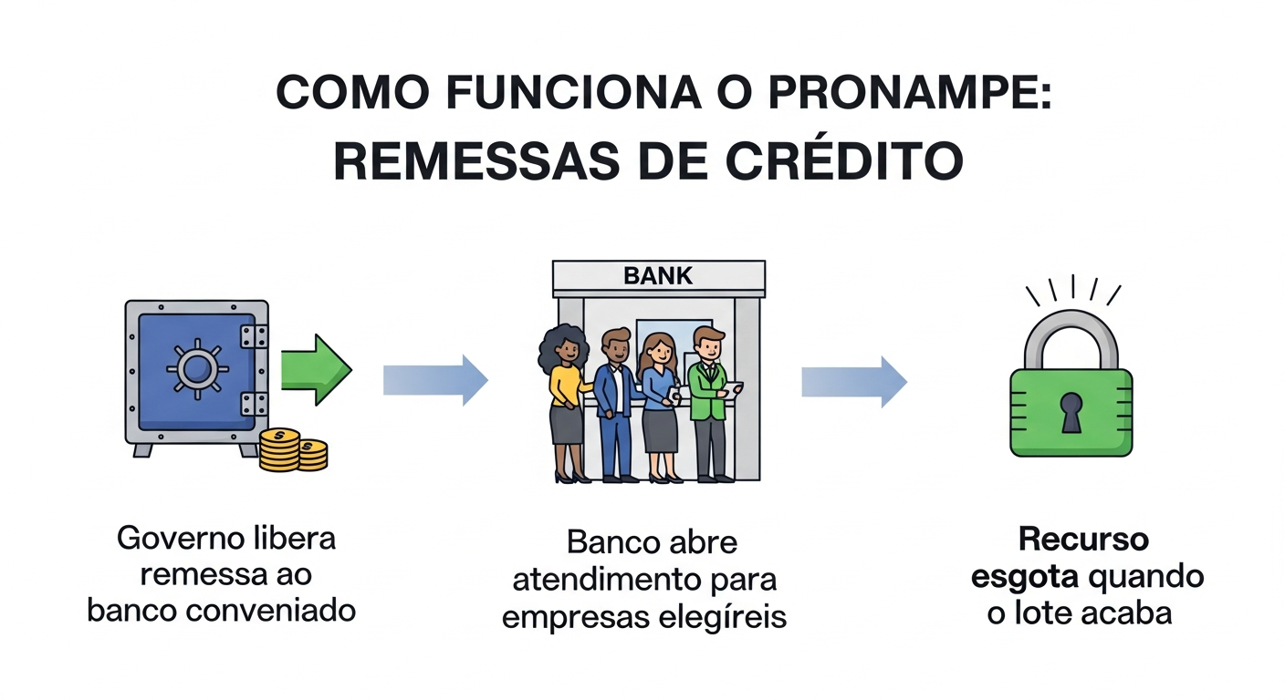 Infográfico explicando o funcionamento das remessas do Pronampe 2024 e por que o recurso acaba rapidamente