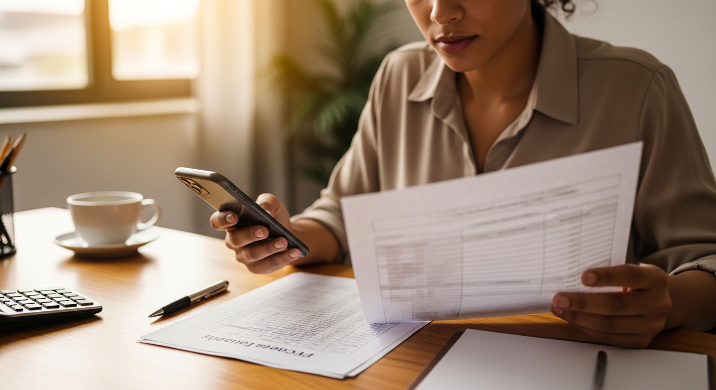 Empresária brasileira revisando planilha financeira e smartphone ao preparar documentos para o Pronampe