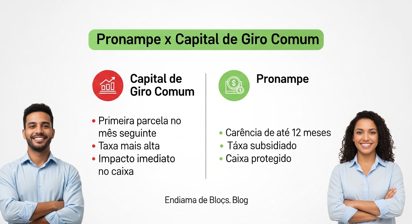 Infográfico comparativo entre Pronampe e capital de giro comum destacando carência e taxa de juros