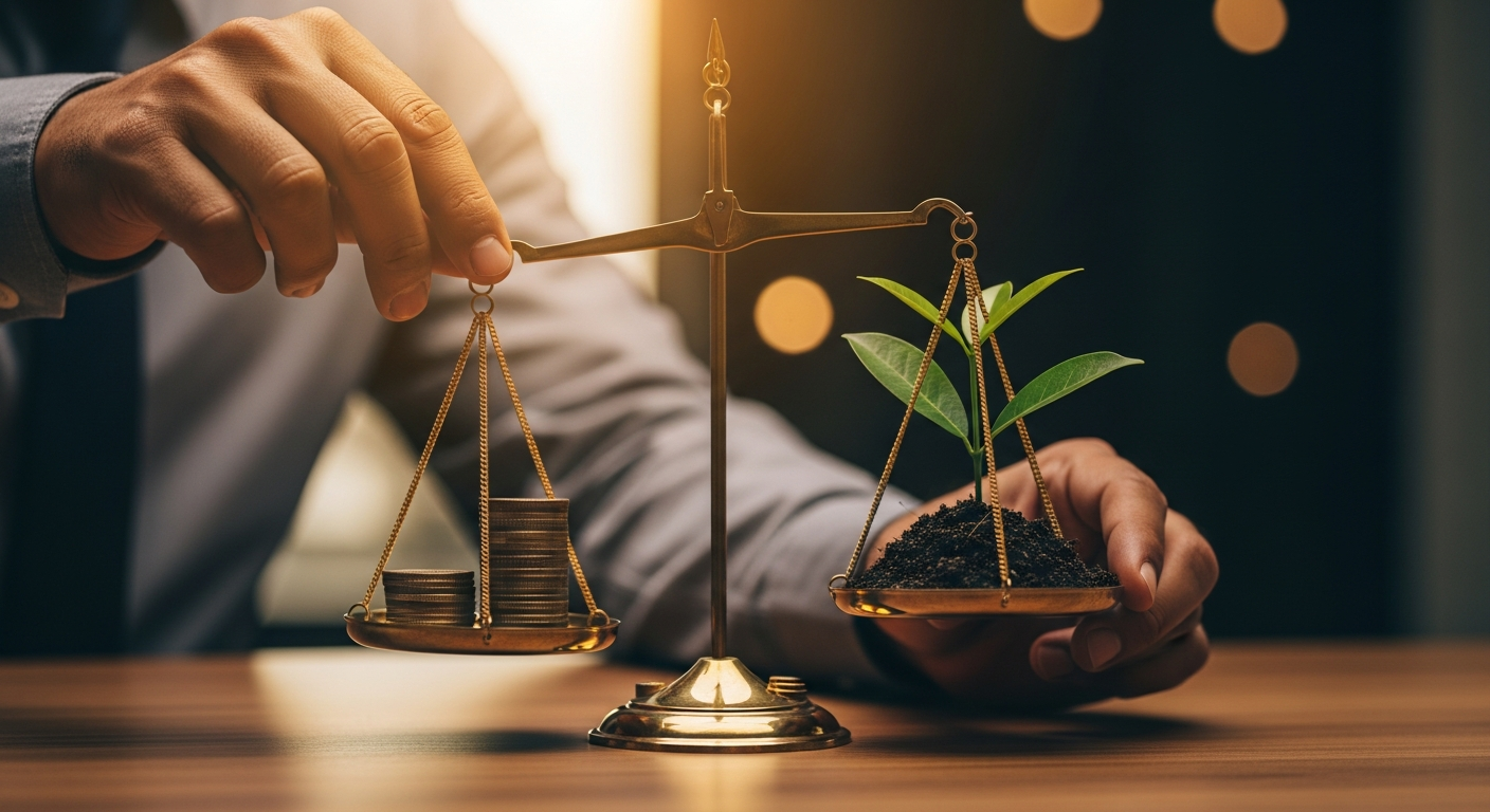Balança com moedas e planta representando comparação entre custo do crédito Pronampe e retorno do negócio