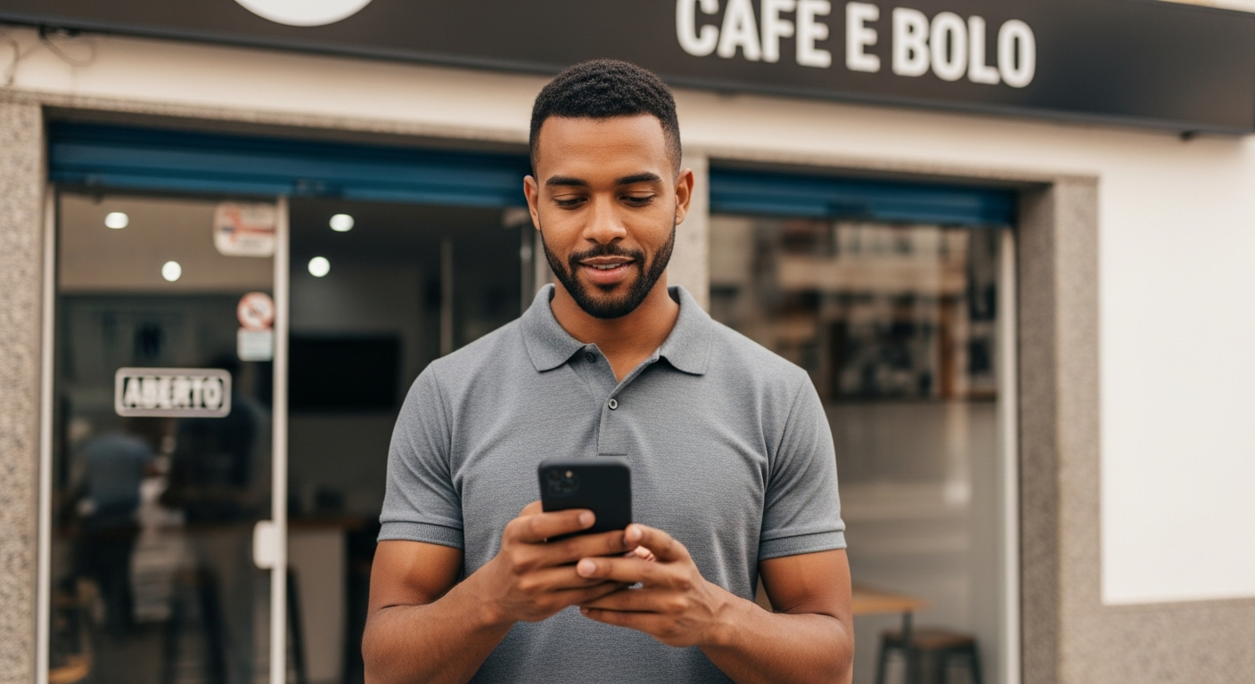Pequeno empresário brasileiro confiante com smartphone em frente ao seu negócio pronto para solicitar Pronampe