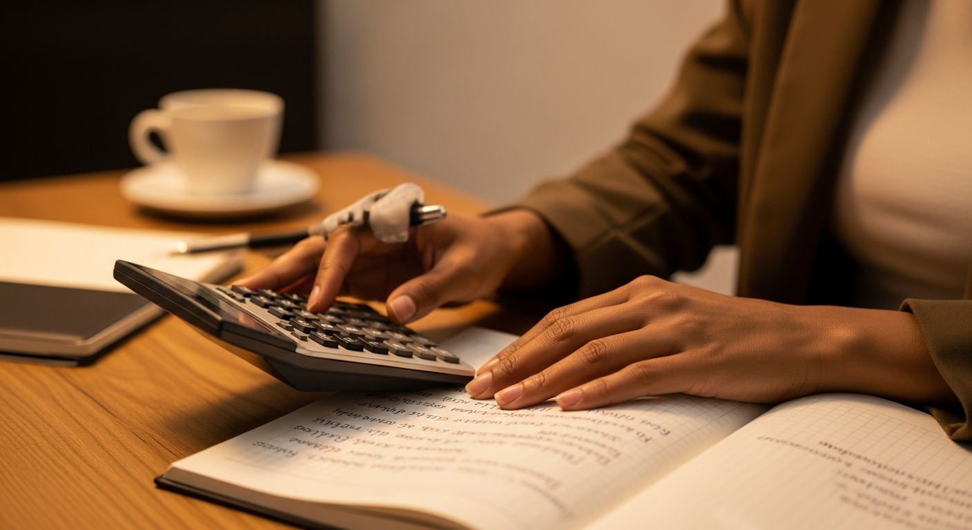 Mão feminina brasileira usando calculadora para simular parcelas de empréstimo Pronampe 2025