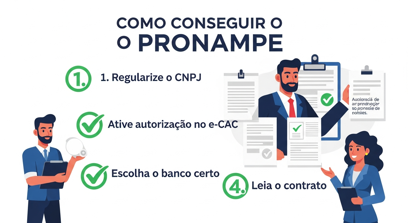 Infográfico passo a passo de como conseguir o Pronampe 2025 com CNPJ regularizado e rating bancário