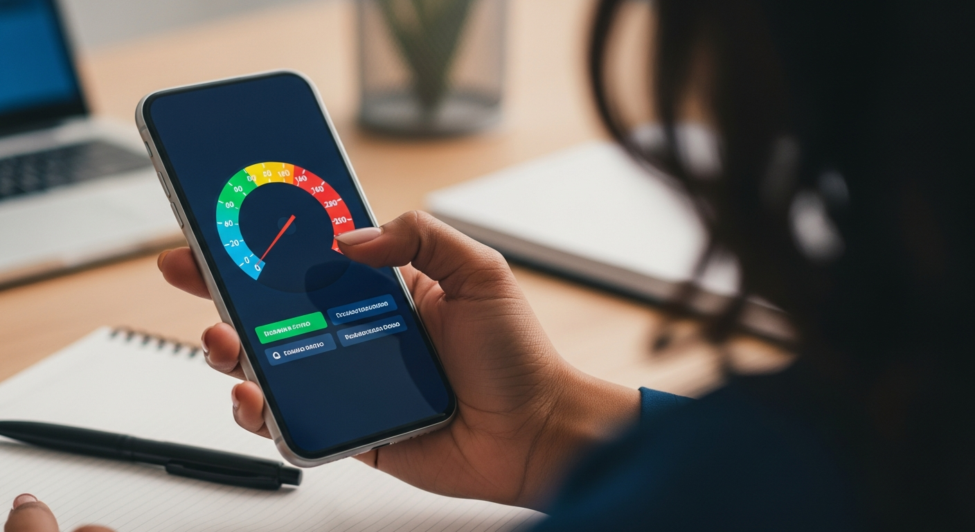 Mão segurando celular com dashboard de pontuação de crédito para consultar score do CNPJ