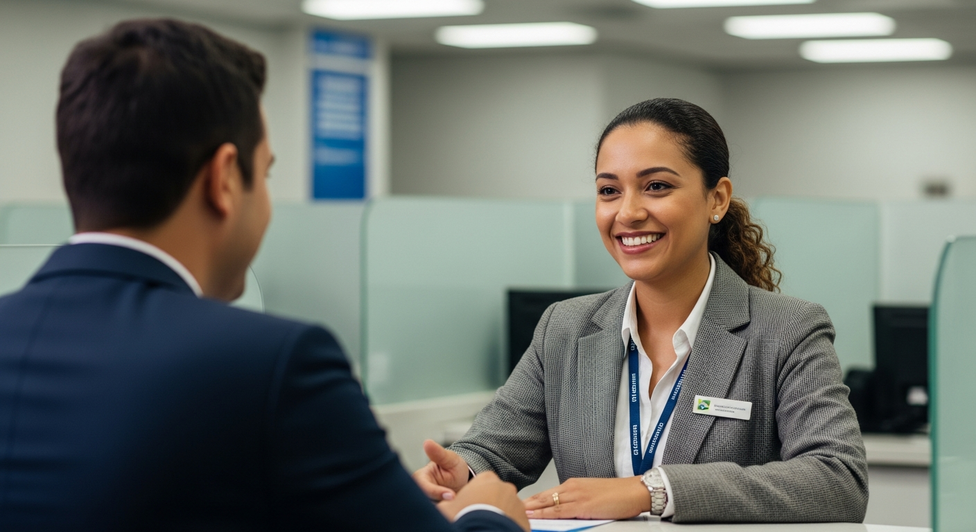 Gerente bancária brasileira atendendo cliente para solicitar capital de giro em novo banco após negativa