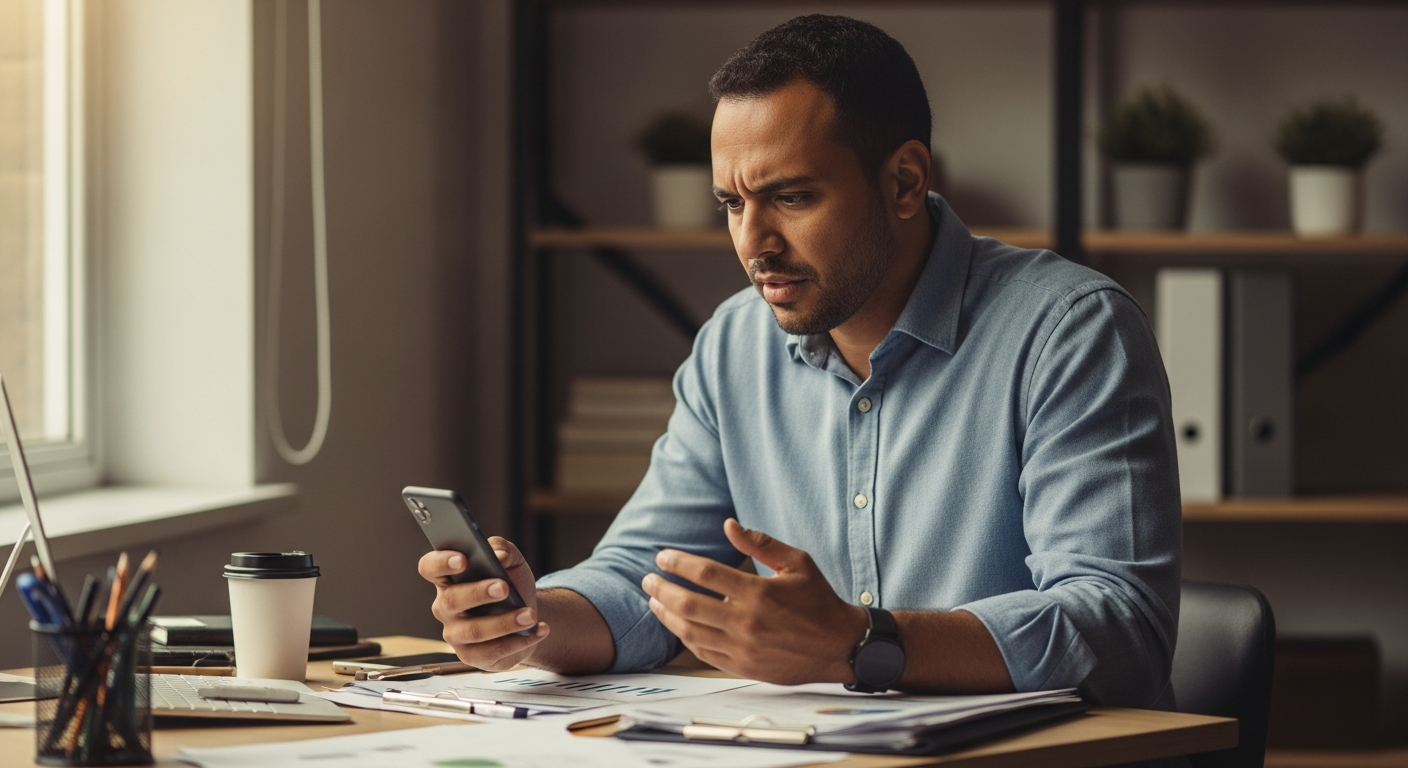 Empreendedor brasileiro analisa celular com expressão preocupada após ter o Pronampe negado