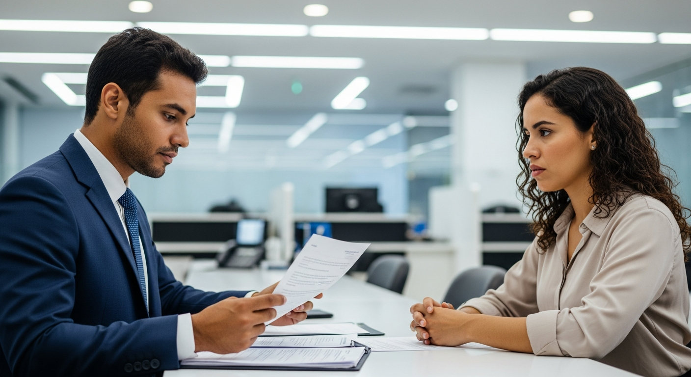 Gerente bancário brasileiro analisa documentos de cliente em agência — avaliação de rating bancário interno