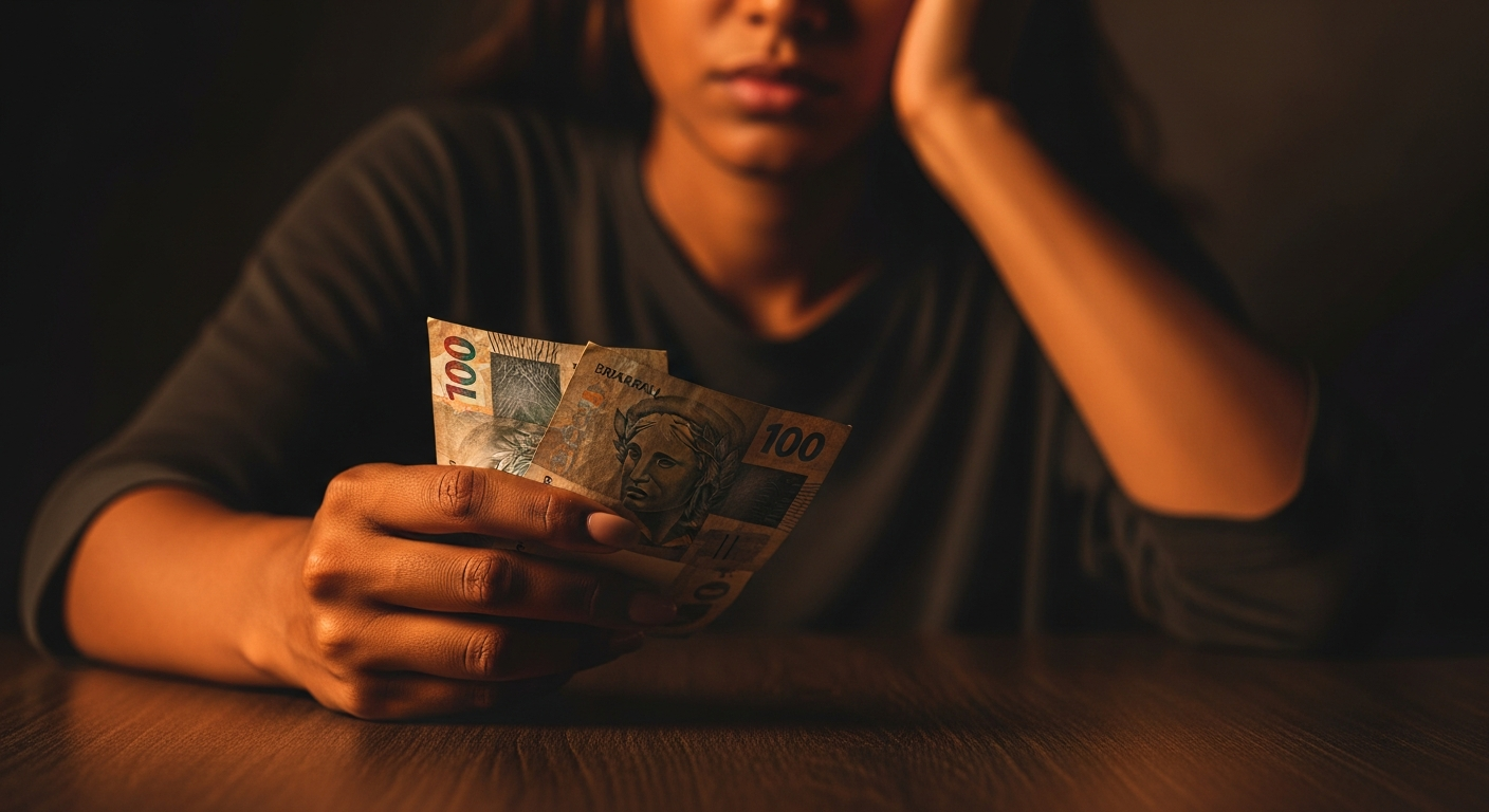 Mulher brasileira segurando dinheiro com expressão de dúvida — risco de golpe com promessa de rating bancário