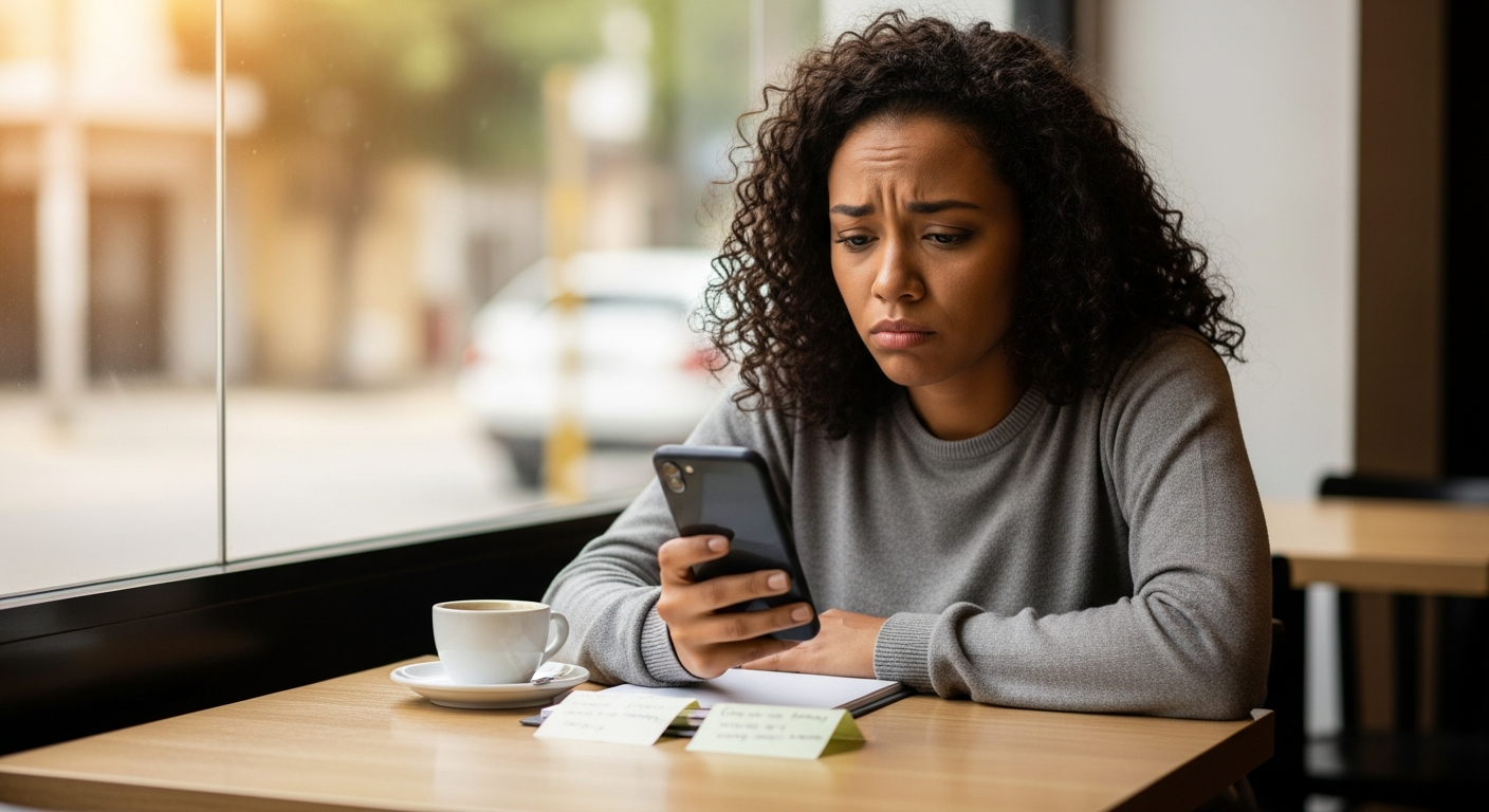 Jovem brasileira confusa com celular após descobrir que score alto não garantiu aprovação bancária