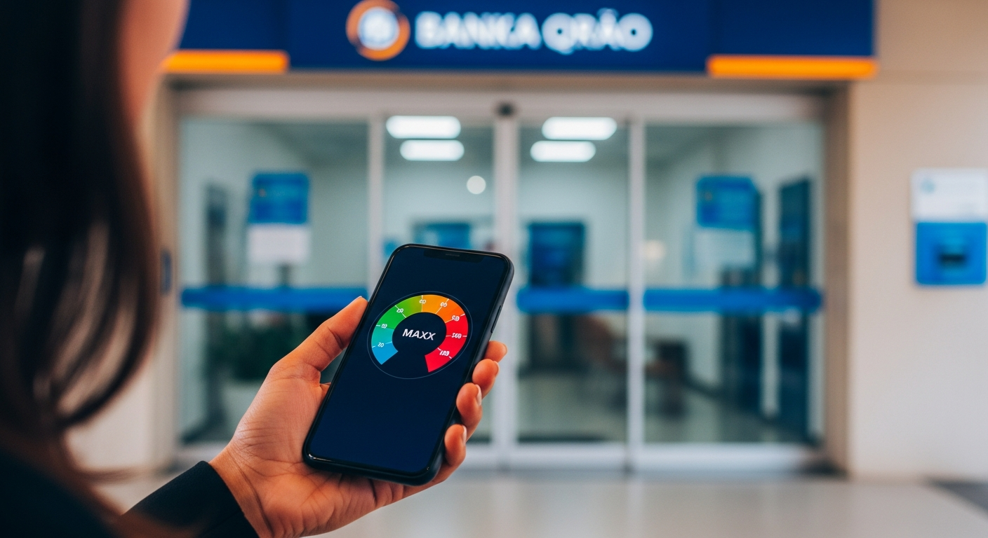 Mão segurando celular com pontuação alta de score enquanto agência bancária permanece inacessível ao fundo