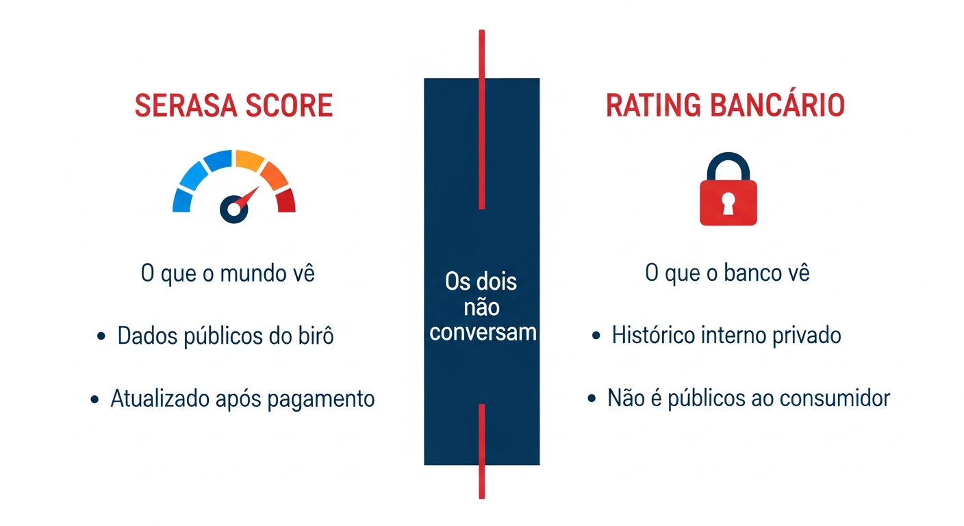 Infográfico comparando Serasa Score e rating bancário interno mostrando que os dois sistemas não se comunicam