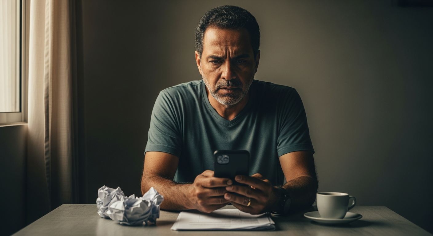 Homem brasileiro com expressão tensa segurando celular após ter crédito negado mesmo com nome limpo no Serasa