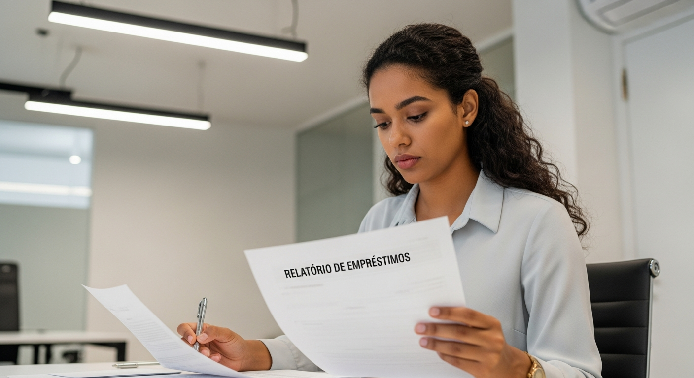 Mulher brasileira analisando relatório de empréstimos e financiamentos do Registrato Banco Central