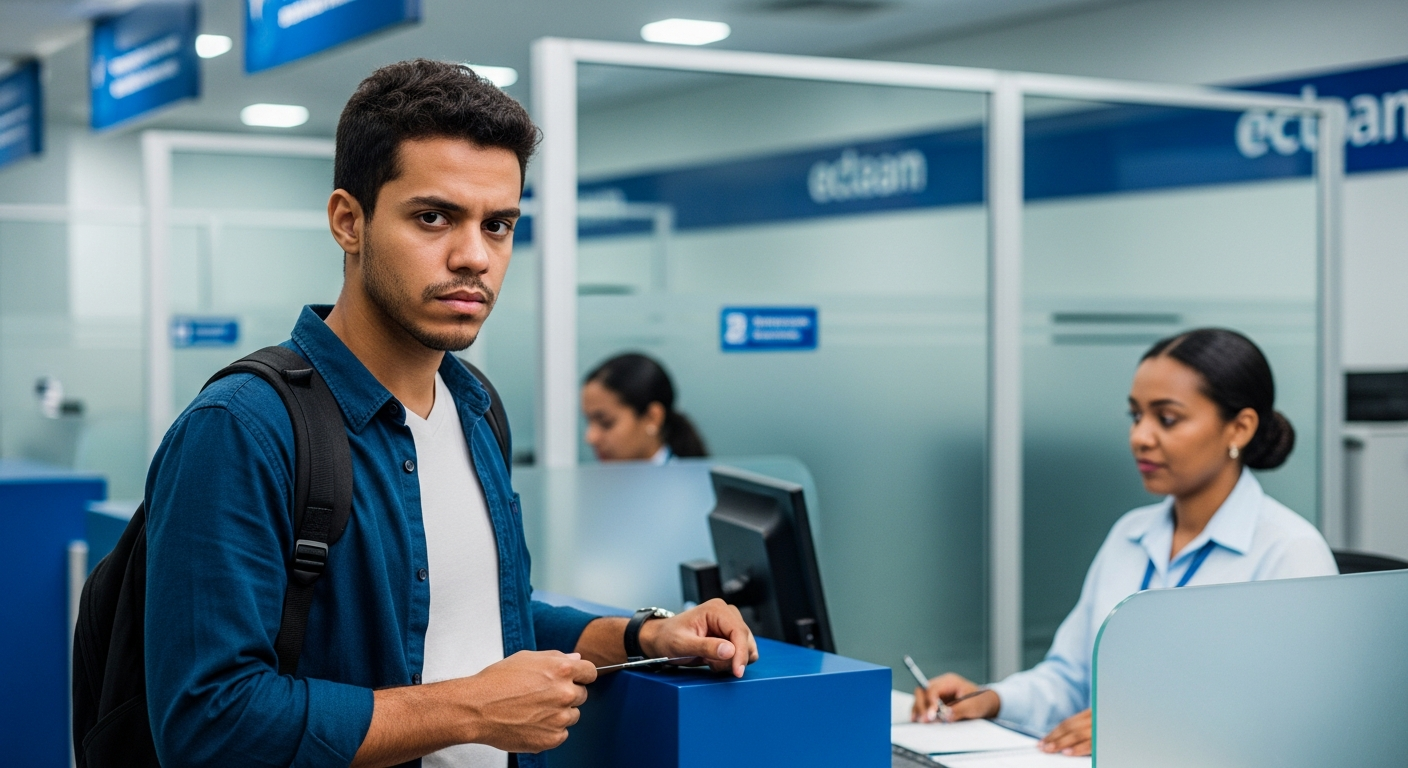 Homem em agência bancária com crédito negado — rating bancário impactado por pendências no Registrato