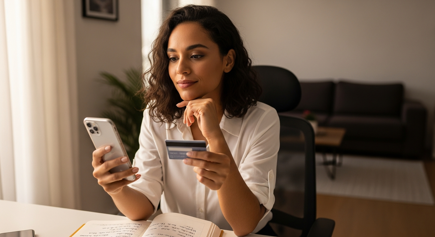 Mulher brasileira analisando cartão bancário e celular ao escolher banco primário para construir score alfa