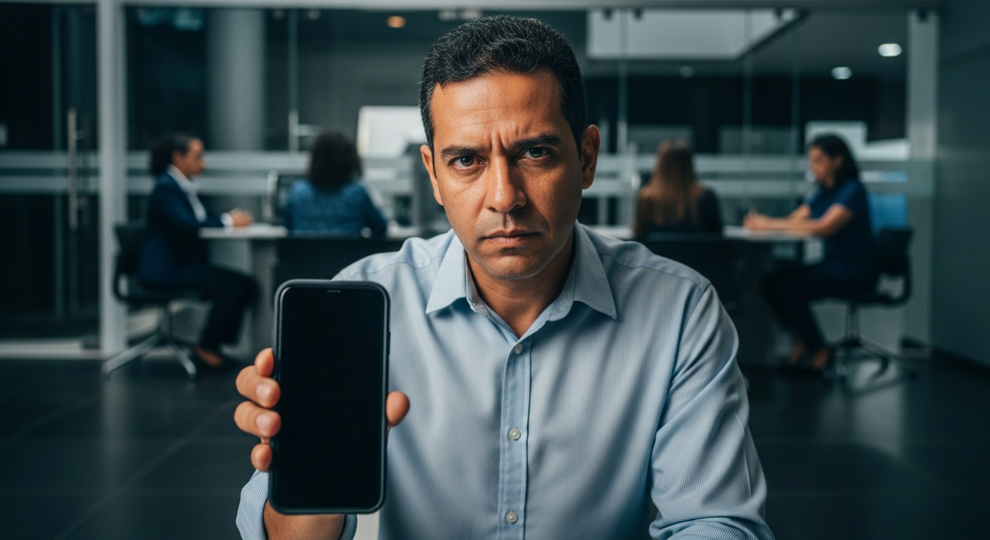 Homem brasileiro segurando celular com tela escura em agência bancária, representando o score alfa oculto dos bancos