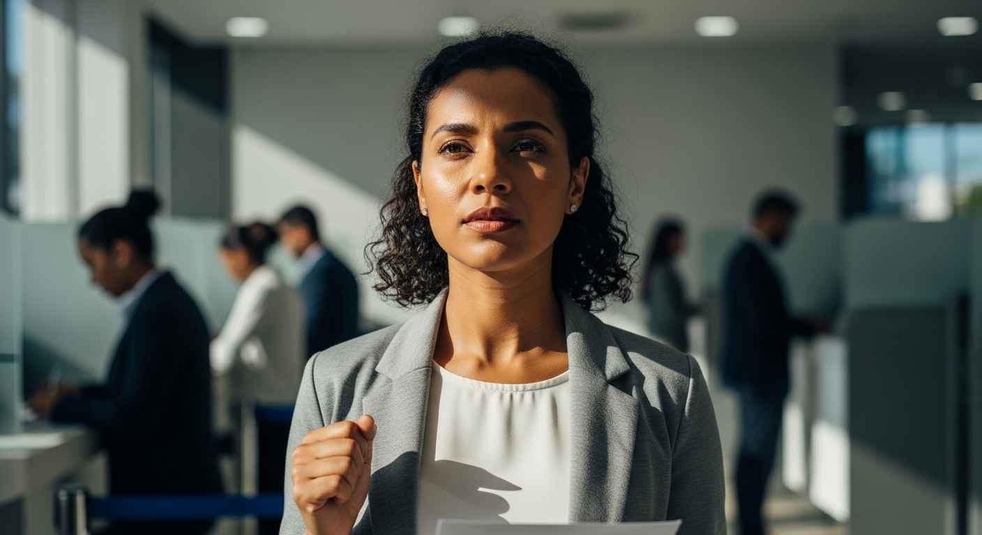 Mulher brasileira confiante em agência bancária — tomando ação para melhorar rating bancário e conseguir crédito