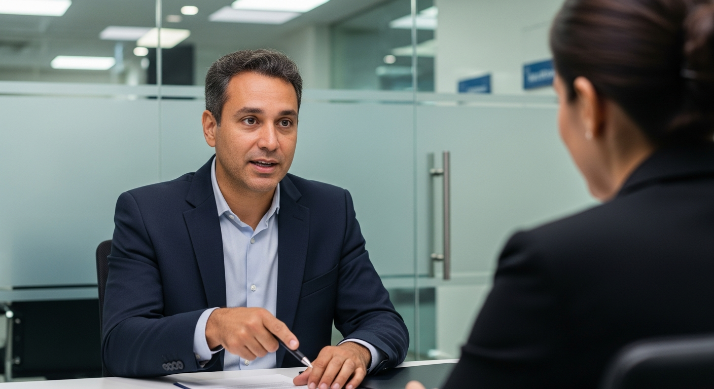 Gerente bancário brasileiro explicando rating de crédito para cliente em reunião na agência