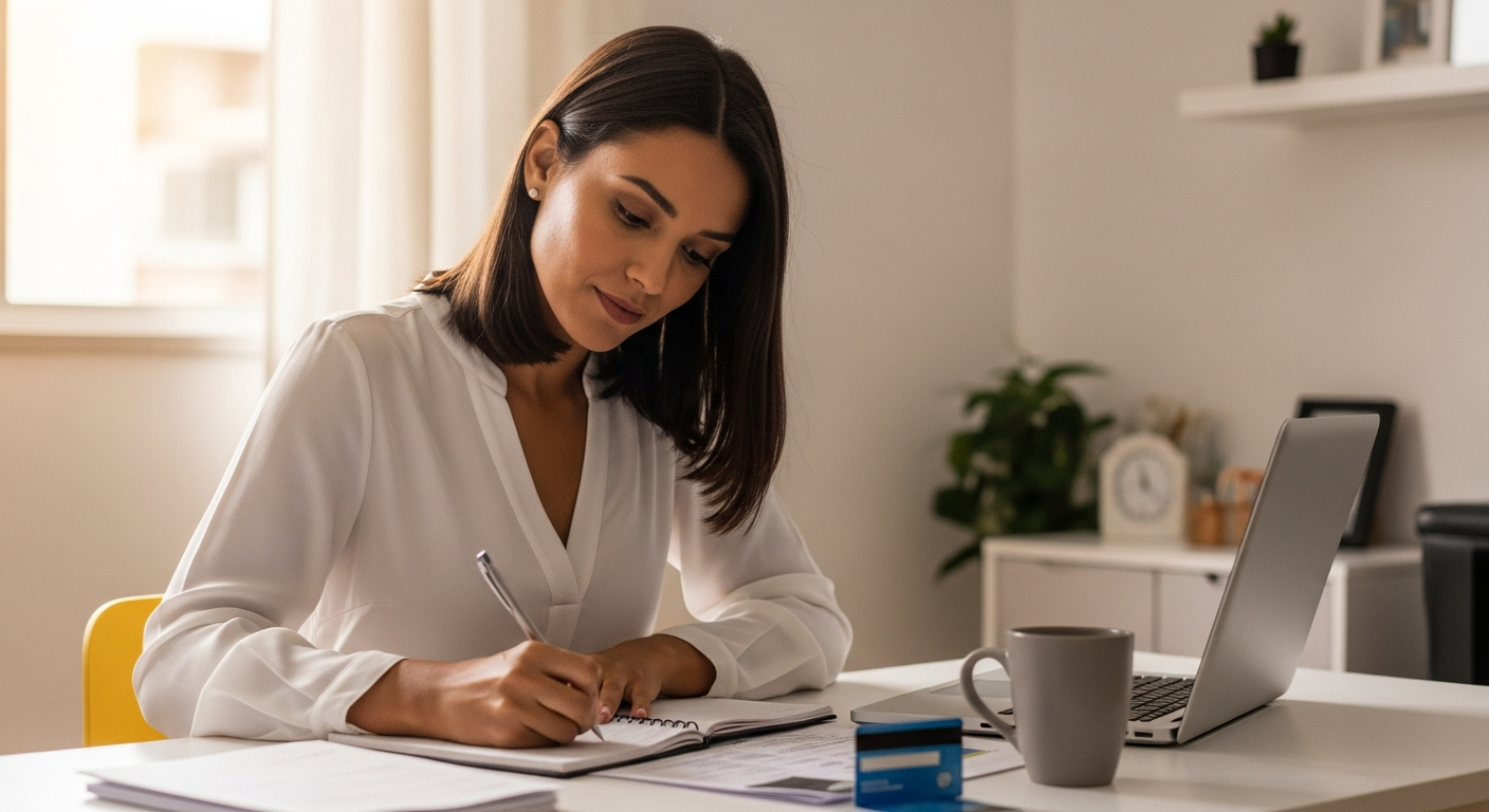Mulher brasileira organizando finanças em home office para melhorar relacionamento bancário
