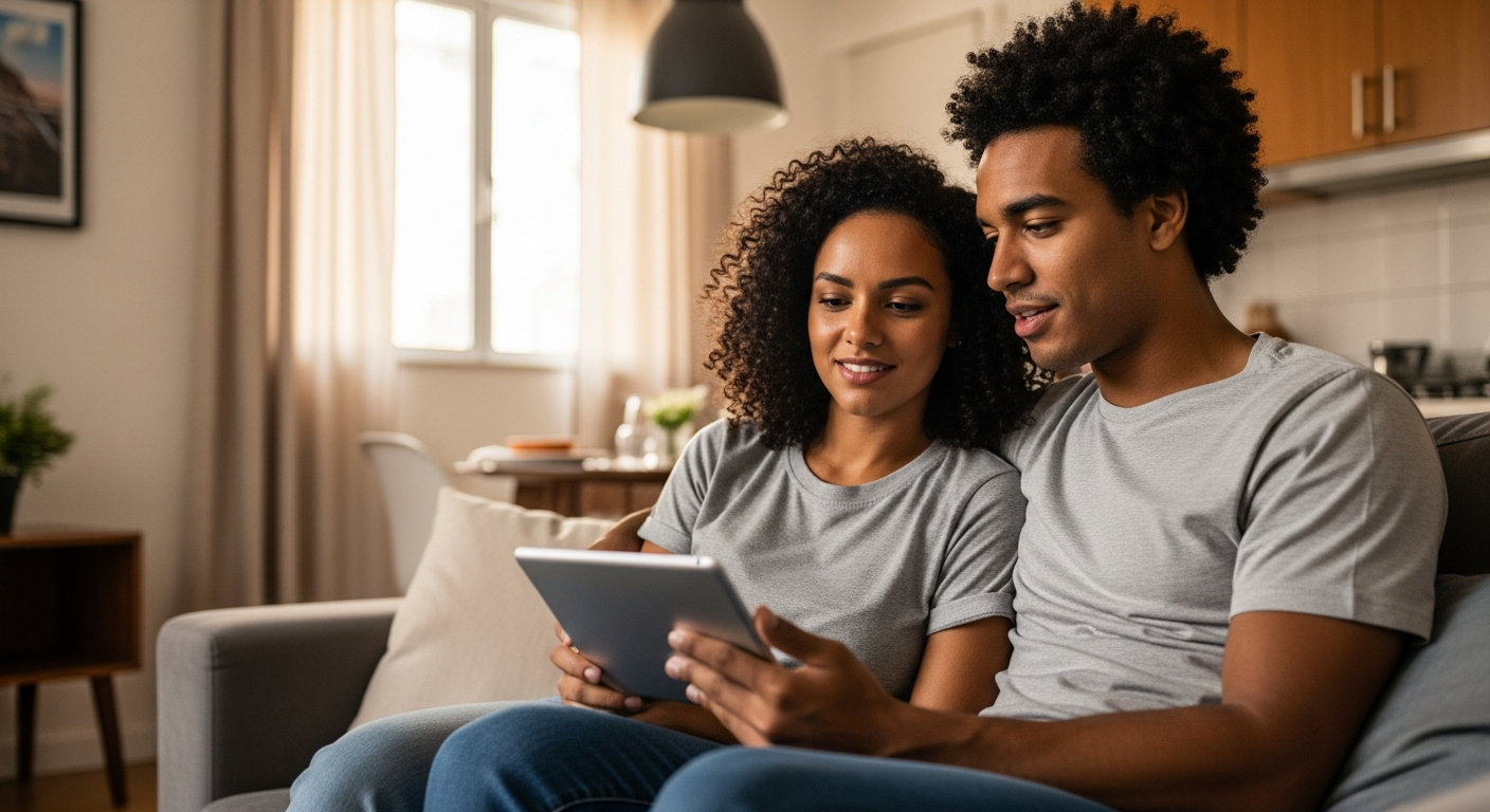 Casal brasileiro analisando seguro de vida juntos no sofá de casa