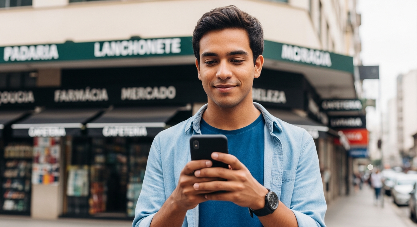 Homem brasileiro usando smartphone para contratar seguro de vida digital