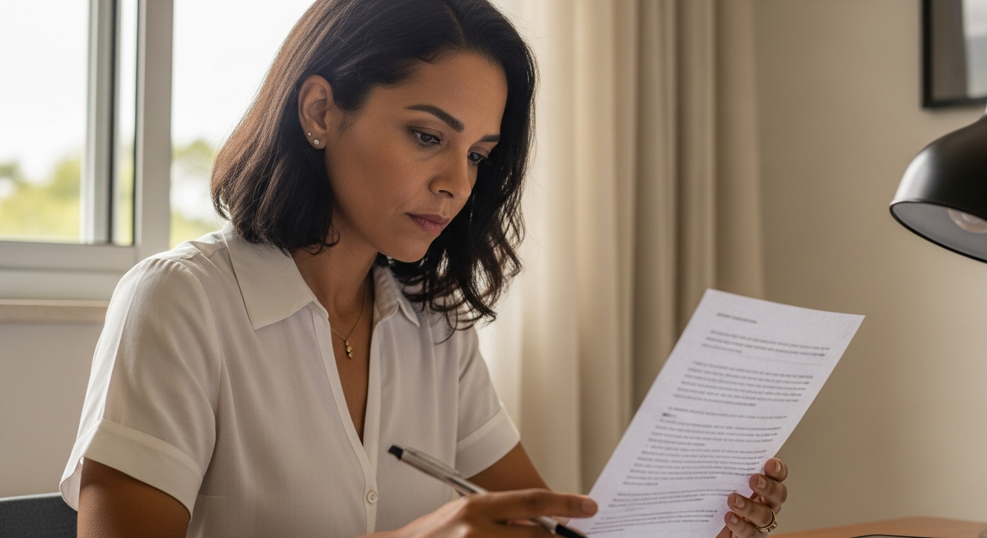 Mulher brasileira lendo contrato com atenção — entendendo carência do seguro de vida