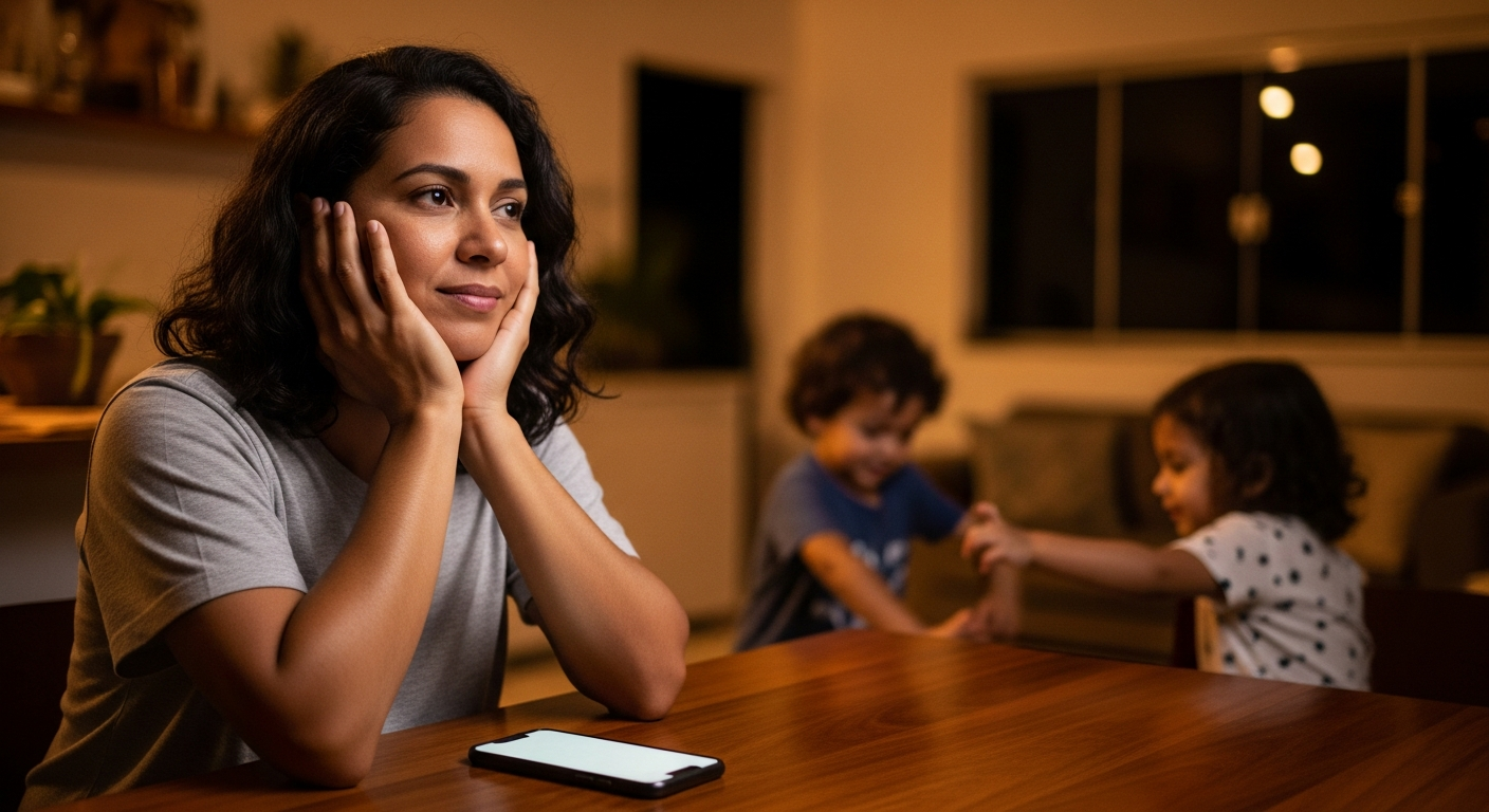 Mãe brasileira tranquila observando filhos em casa — proteção financeira com seguro de vida