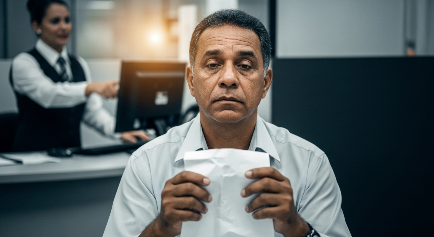 Homem brasileiro frustrado segurando documento em banco após ter crédito negado mesmo com nome limpo no Serasa