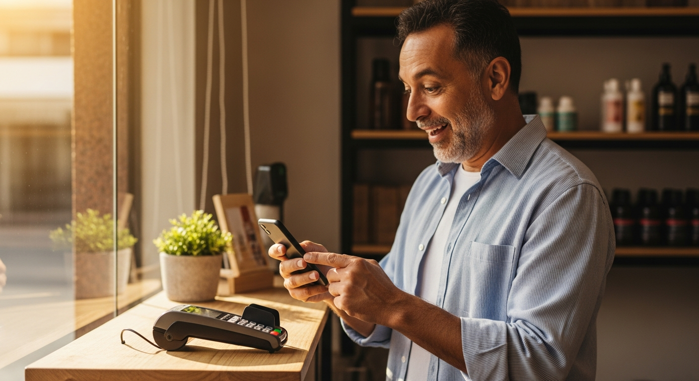 Empresário brasileiro em balcão de comércio com maquininha de cartão consultando taxa de antecipação de recebíveis no celular