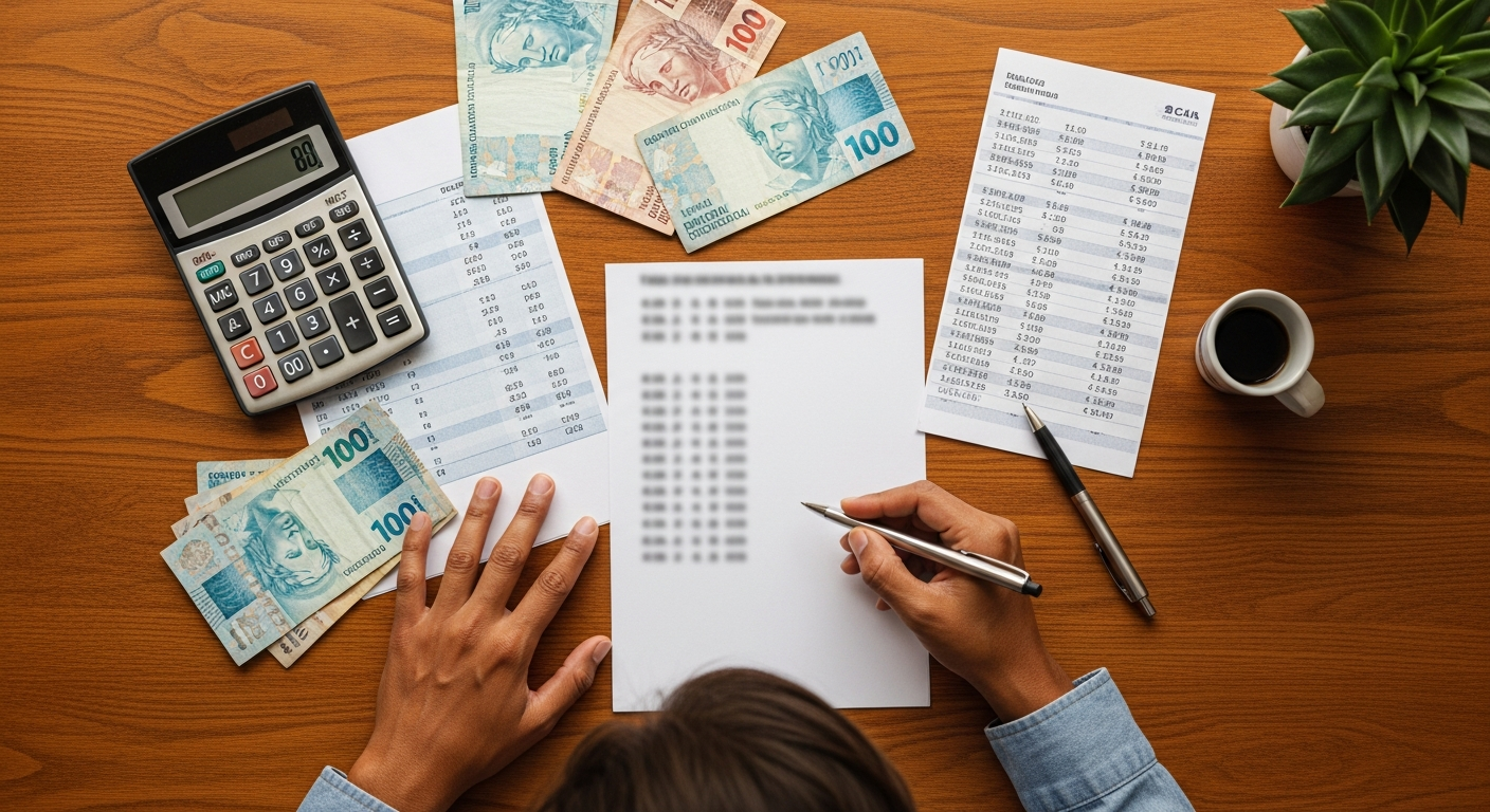 Mesa com calculadora, notas de real e extrato bancário representando análise de juros em financiamento de veículo