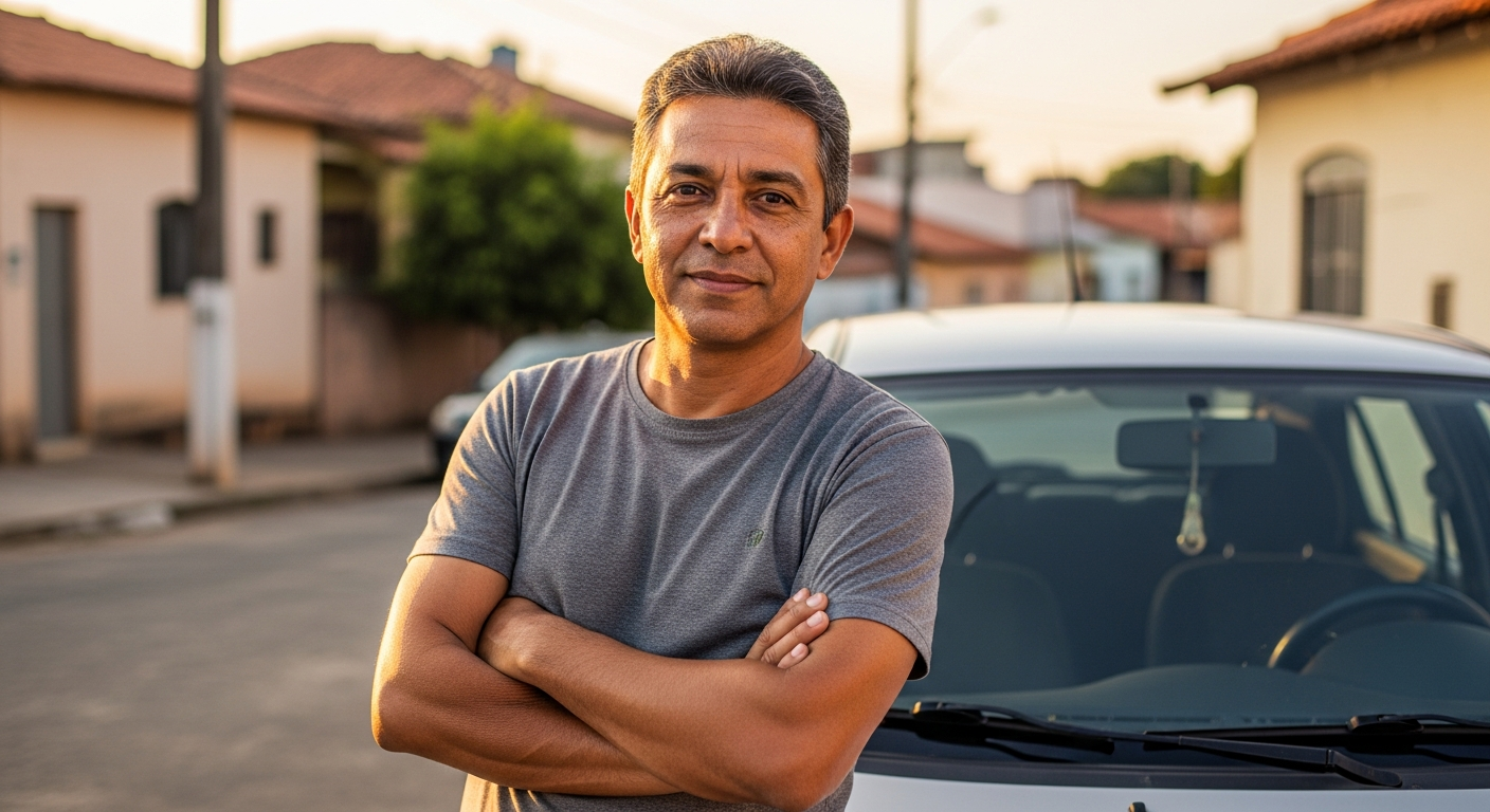 Homem brasileiro satisfeito apoiado no carro após quitar financiamento antecipando parcelas com desconto