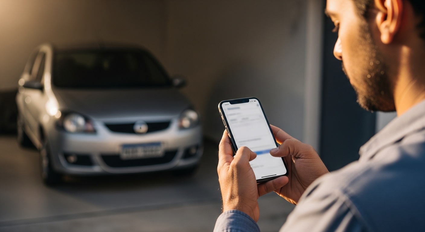 Pessoa com celular aberto no app do banco ao lado de carro financiado, simbolizando antecipação de parcelas