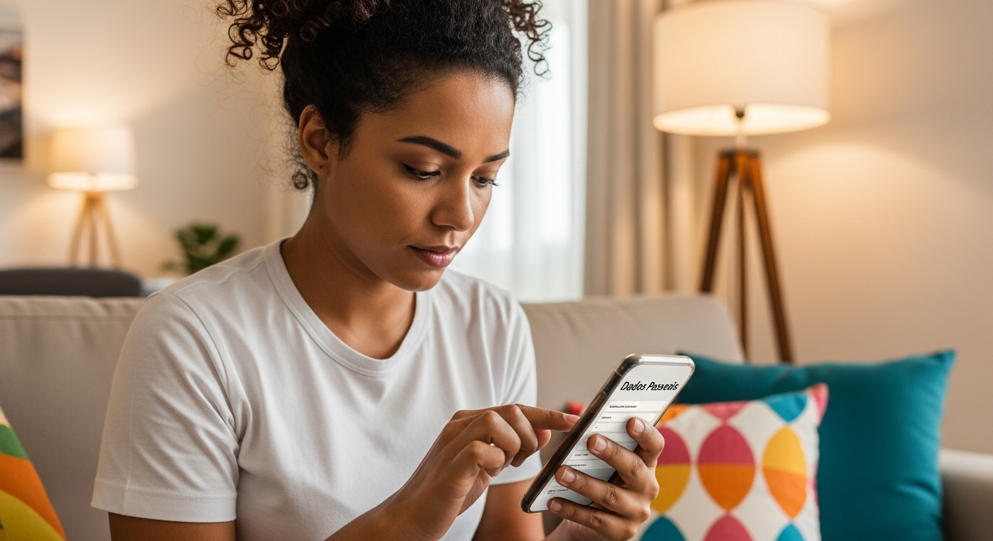 Mulher brasileira preenchendo cadastro em app de banco no celular sentada no sofá de casa