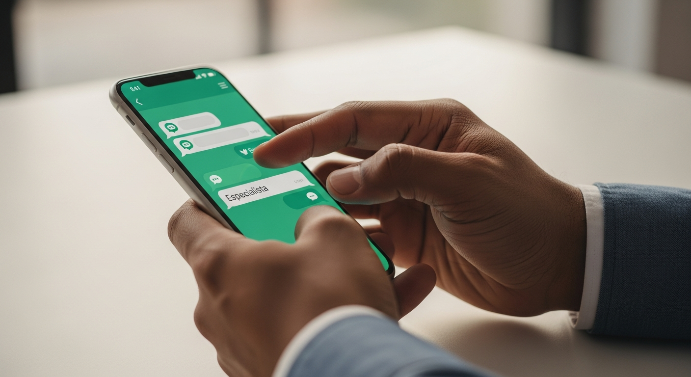 Mãos de homem brasileiro digitando no chat de app bancário a palavra especialista para solicitar aumento de limite