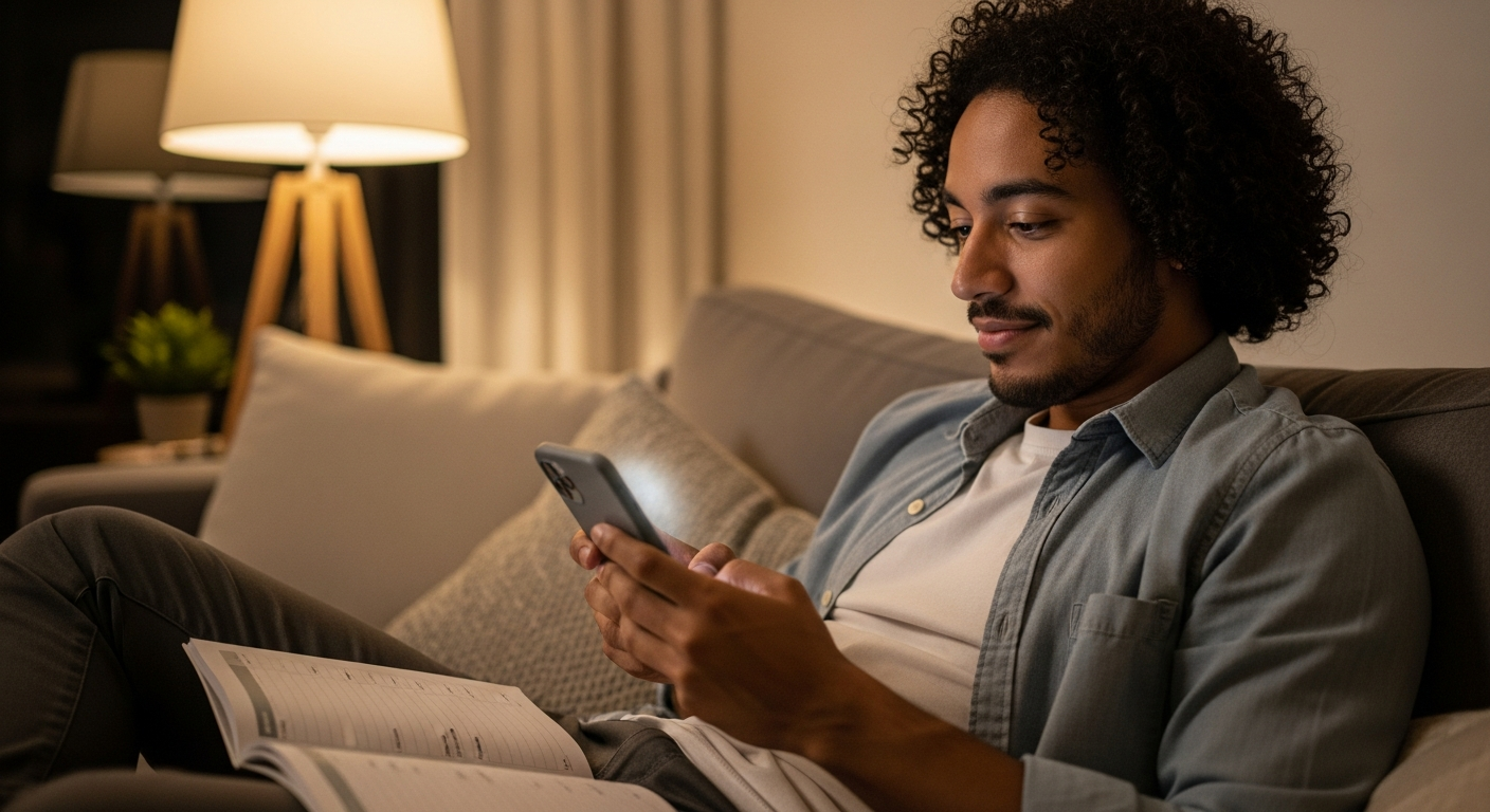 Jovem brasileiro pagando fatura do cartão de crédito no celular na data de vencimento com agenda ao lado