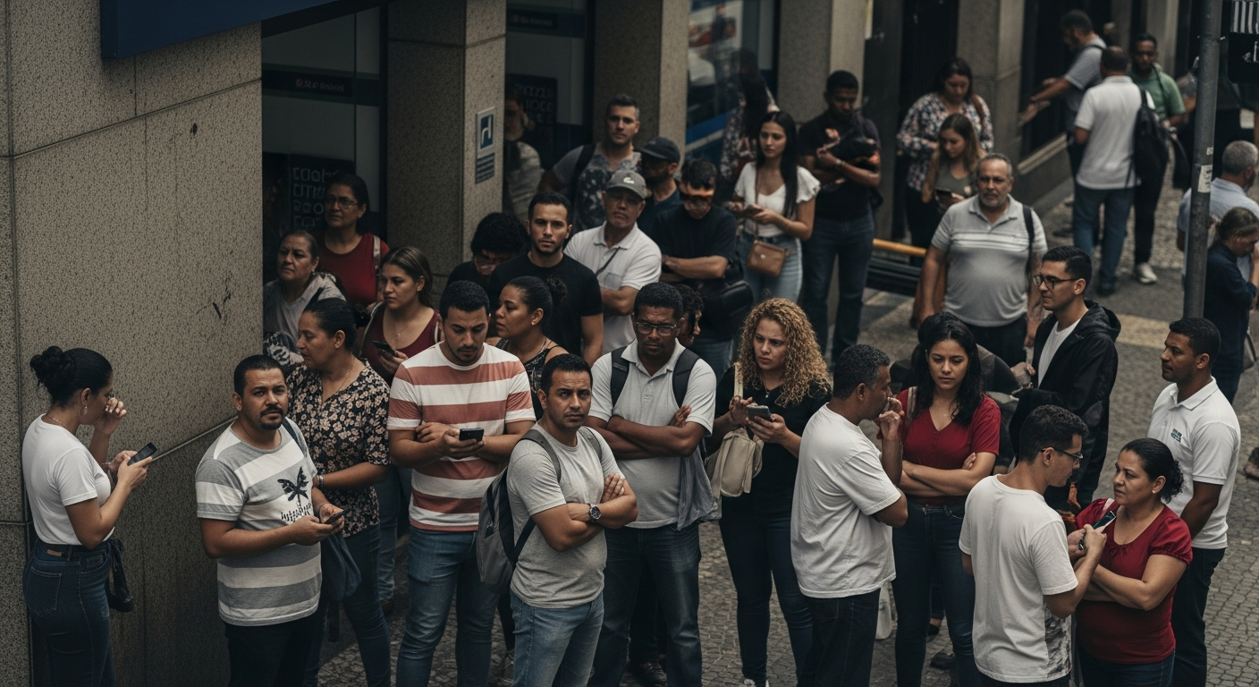 Fila de pessoas em frente a banco no Brasil durante crise bancária, representando corrida bancária e pânico financeiro