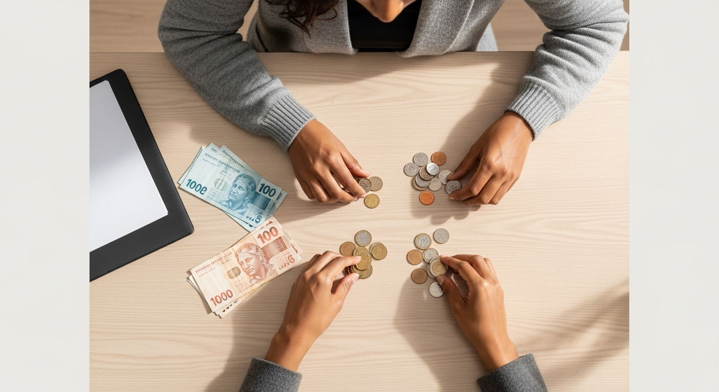 Mãos organizando dinheiro em grupos separados sobre mesa, representando diversificação financeira como proteção em crises