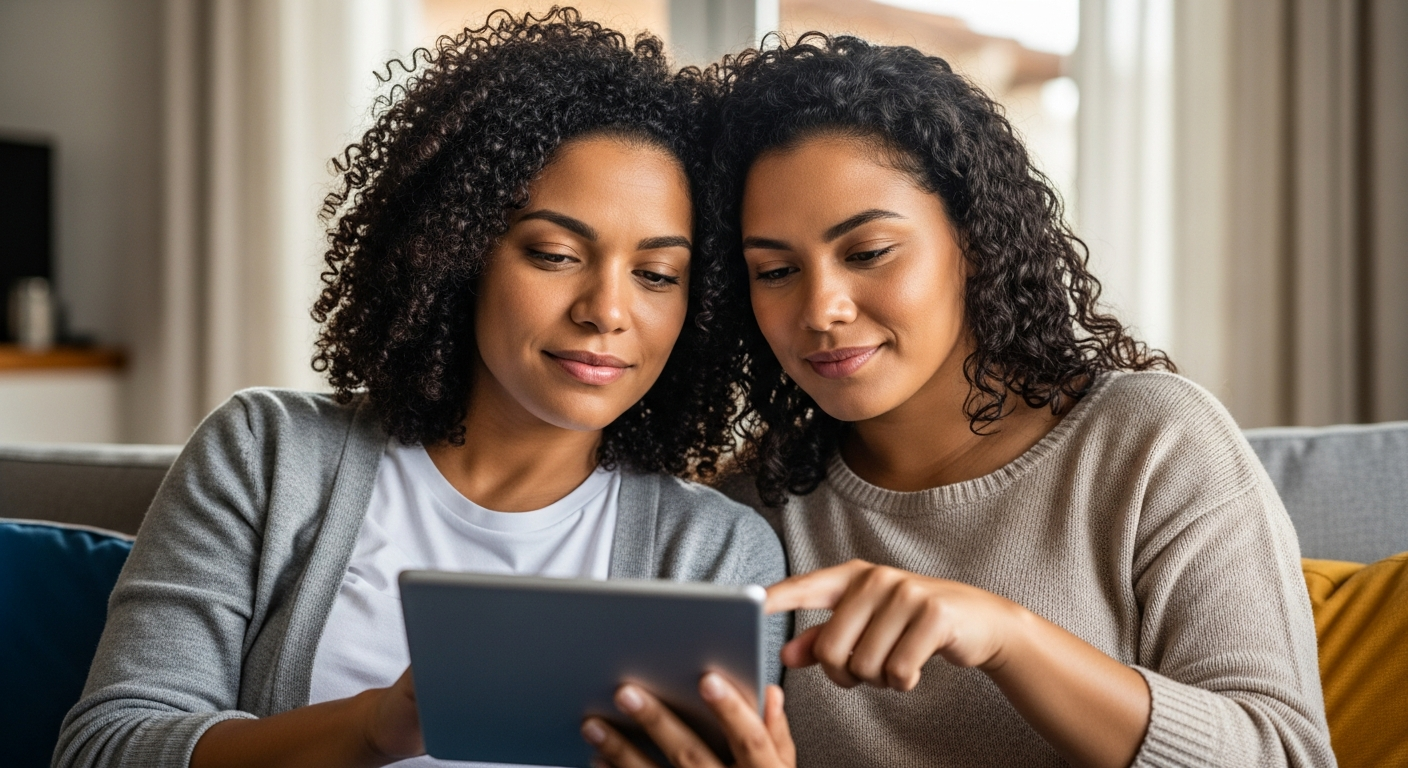 Casal brasileiro analisando finanças no tablet com calma, representando decisão consciente sobre segurança do dinheiro em bancos digitais