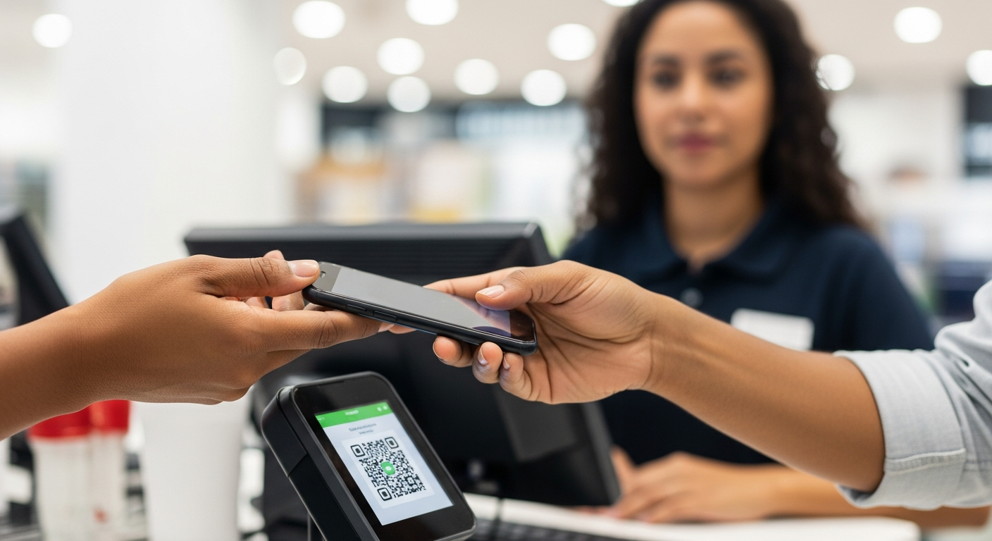 Cliente brasileiro escaneando QR Code com celular para realizar pagamento via Pix parcelado no varejo